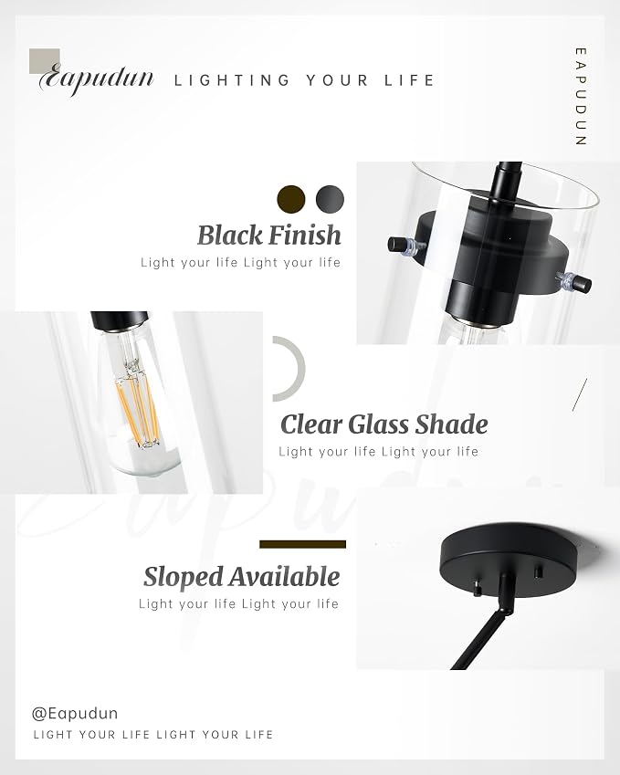 EAPUDUN Industrial Pendant Light Fixtures,Clear Glass Shade Pendant Lighting,Vintage Hanging Lighting Fixture for Kitchen Island,Dining Room,Corridor Bedroom E26 Base UL Listed, PDA1353-MBK