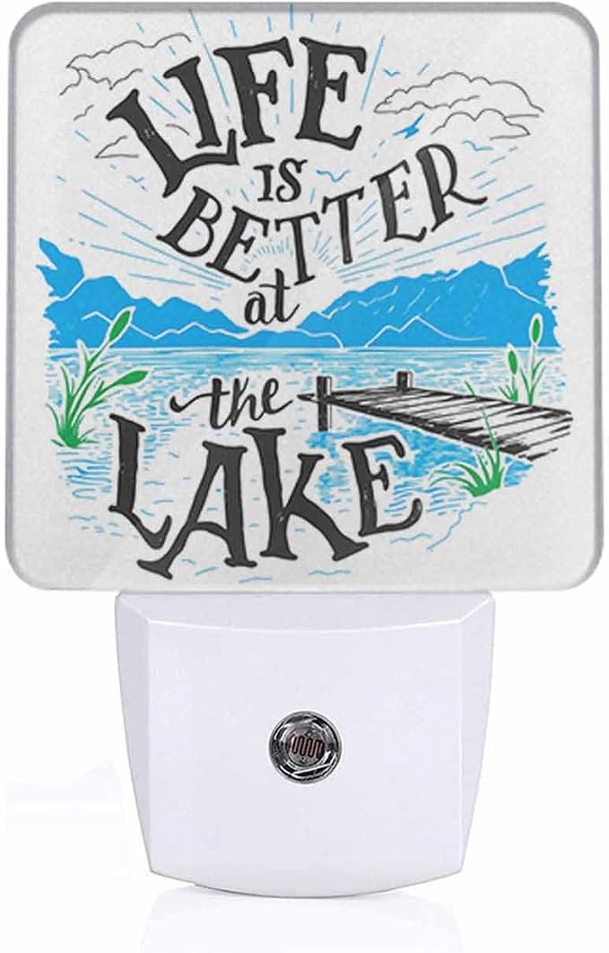 Lakeside Life is Better Night Light A Sketch of A Lakeside Cottage in A Rural Resort Plug into Wall with Dusk to Dawn Light Sensors 0.5W Warm Nightlights for Bedroom Bathroom Hallway