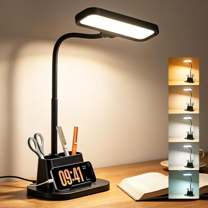 LED Desk Lamp for Dorm Small Desk Lamp with Pen Holder 5 Color Modes Black | Dimmable Touch Control, USB Charging Port, Eye-Caring Reading Light for Home Office Table Study College Room Students