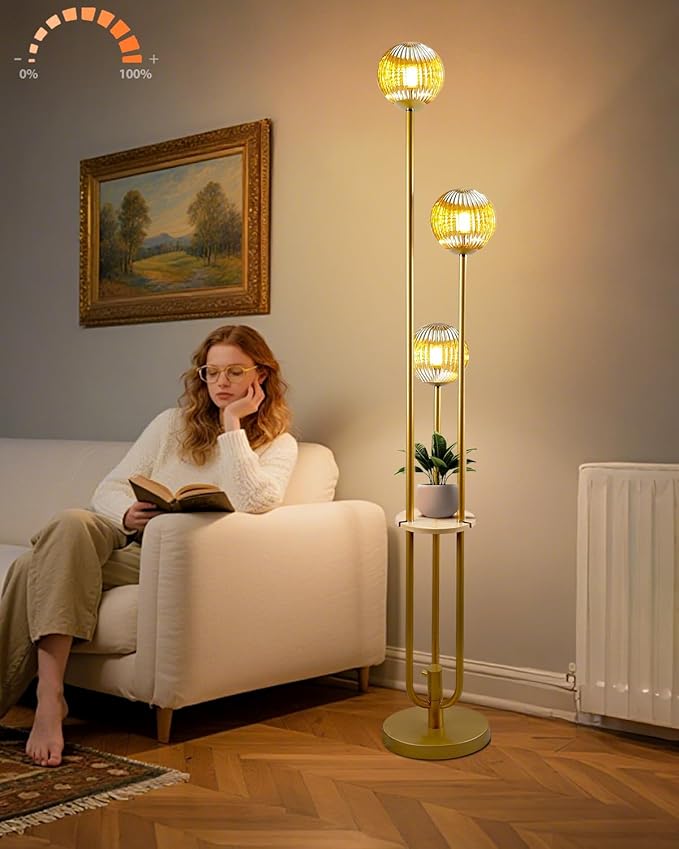 Lightdot Amber Glass Floor Lamp with Shelf 63IN Dimmable Mid Century Modern Gold Standing Lamps 3000K Bulbs Included Globe Floor Lamp with 5Lbs Heavy Base for Living Room/Wedding/Sofa Beside/Corner