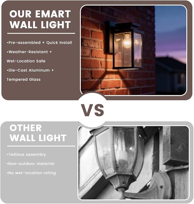 11" Die-Cast Aluminum & Clear Glass Outdoor Wall Lantern for Front Door, Patio and Porch Light E26 Base 60W Compatible Sconce, IP65 Waterproof Wet Location Rated, ETL, UL, CSA Qualified, Black