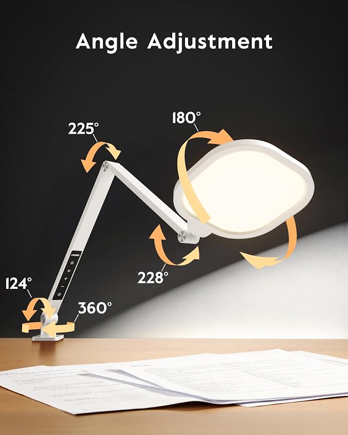 Led Desk Lamp with Clamp, 2000LM Dimmable Home Office Desktop Light, 3000k-6500k Adjustable Swing Arm Ring Light for Video Conference, Study, Reading, Zoom Calls, Streaming (White)