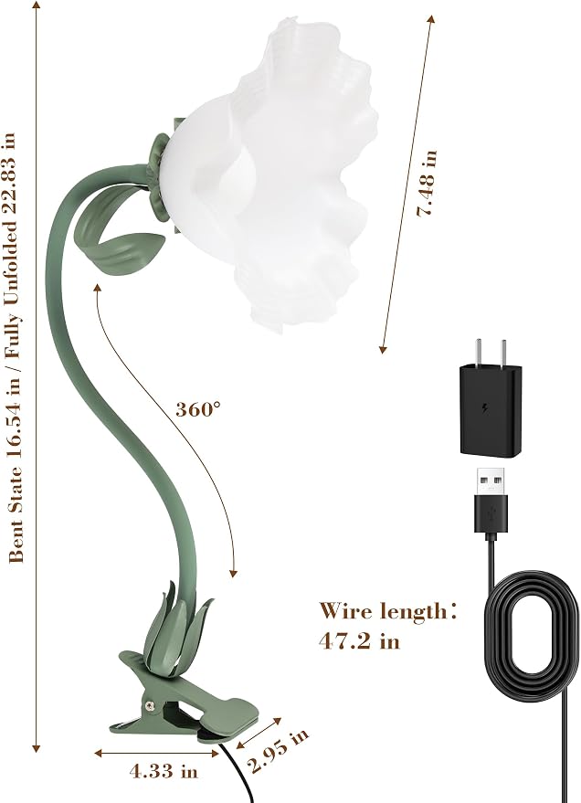 Flower Clip On Desk Lamp for Home and Dorm - Cute Floral Clip On Bedside Book Reading Light, Green Flower Bunk Bed Lighting, Kawaii Led Flexible Gooseneck Table Lamp for Headboard with Clamp