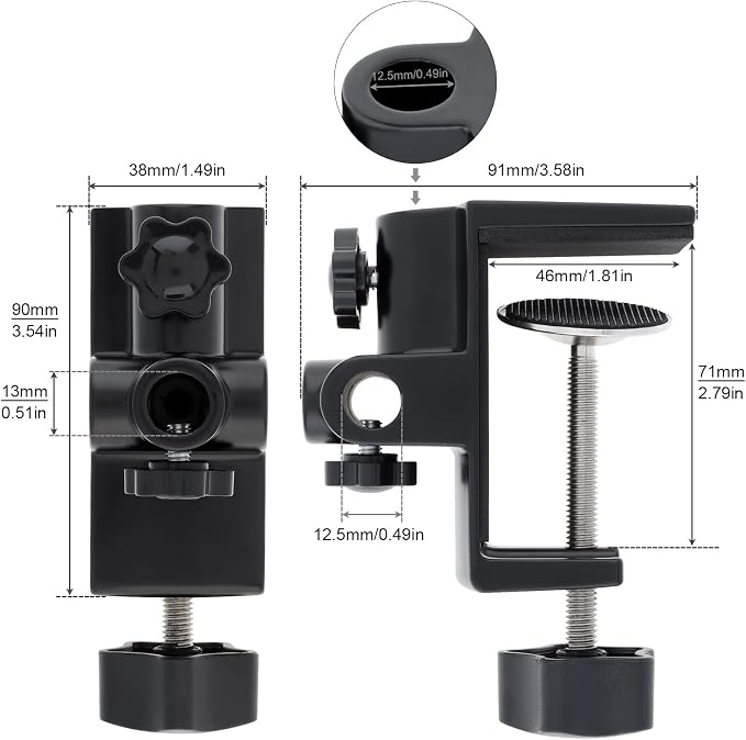 RTNLIT Desk Lamp Clamp, 0.49in/12.5mm 4 Hole Metal Table Mounting Clamp | Universal C Clamp for Magnifying Light/Microphone/Boom Scissor Arm, Fits up to 2-1/2 inches Desktop Thickness