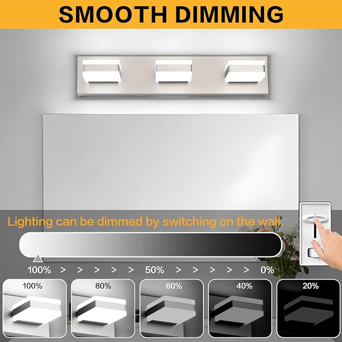 SOLFART Bathroom Light, 5 Color Temperature LED Bathroom Vanity Fixtures, Brushed Nickel 3 Lights Vanity Light Over Mirror Modern LED Light Adjustable Color 5CCT