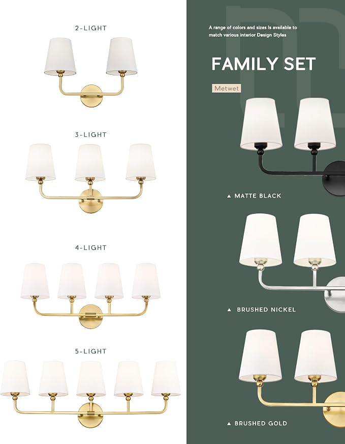 4-Light Brushed Gold Bathroom Vanity Light with White Fabric Shade | 28 Inch gold bathroom light fixture over mirror, UL listed, E26 bulbs, hardwired, upward only, VL837-BG-4K