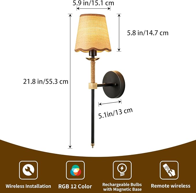 Boho Battery Operated Wall Sconce Set of 2, Black Gold Wireless Rechargeable Wall Lights with Rattan Shade, 12 RGB and 3CCT Dimmable Cordless Wall Lamps with Remote for Bedroom Living Room