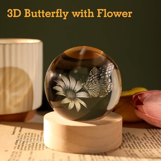 Butterfly Gifts for Women Her 3D Crystal Ball Butterfly in Glass Ball 60mm Night Light Gifts for Girl Adults with Multicolor Lighting Base