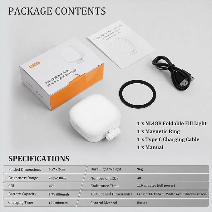 Magnetic Selfie Light Compatible with MagSafe, Foldable LED Phone Light with Mirror, 48 LEDs 5 Color Modes & 5 Brightness Levels, 360° Rotating Fill Light for Selfies, Makeup, TikTok, Zoom