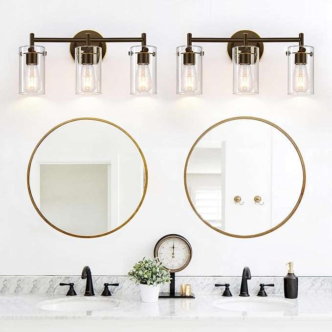3-Light Bathroom Light Fixtures 2023 Upgrade, Oil-Rubbed Bronze Modern Vanity Lights with Clear Glass Shade, Bathroom Wall Sconces for Mirror Bedroom Living Room Cabinet