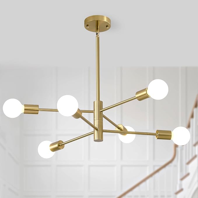 HHR Modern Chandelier Ceiling Light Fixture, 6-Light Brushed Gold Sputnik Chandelier for Kitchen Island Bedroom Living Room, 26-Inch Mid Century Dining Room Light Fixture Over Table, E26