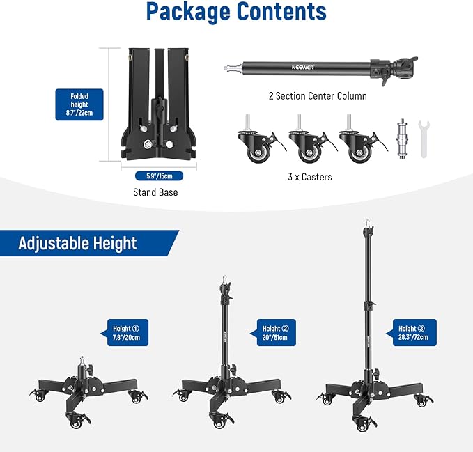 NEEWER Heavy Duty Light Stand with Casters, 2.4ft Max Height Foldable Tripod Stand for Low-Angle/Tabletop Shooting, Photography Light Stand for Softbox, Monolight and Other Photographic Equipment