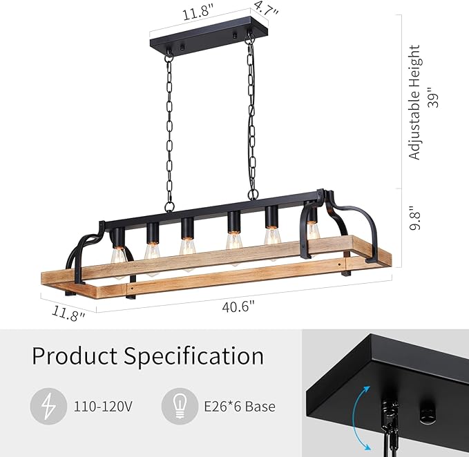 WUZUPS 6-Light Metal Pot Hanging Rack Chandelier Imitation Light Wood Grain Linear Pendant Ceiling Lighting Rustic Farmhouse Fixture Kitchen Island Dining Room, H 9.8" L 40.6" W11.8, E26 Base, Black