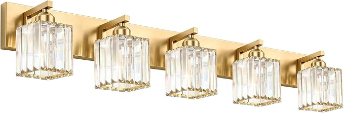 Gold Crystal Bathroom Vanity Light, 5-Light Modern Bathroom Lighting Fixtures Over Mirror,Chrome Wall Sconce Light Fixtures with Square Shade