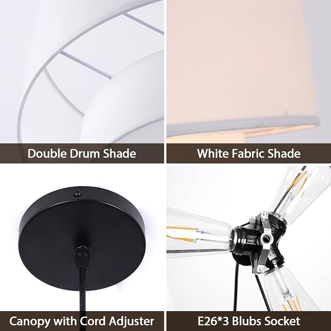 Drum Pendant Light, 18" Drum Chandelier with 2-Tier Lampshade | 3 Light Linen Pendant Light Fixture, White Lampshade, Modern Drum Light for Dining Room, Living Room, Bedroom, Kitchen