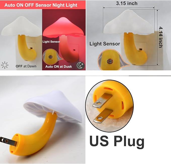 Red LED Mushroom Night Light Plug in Lamp, Light Sensor Night Lights Plug into Wall, Dusk to Dawn Sensor Night Light for Adults Kids Room Bedroom Bathroom Hallway Kitchen