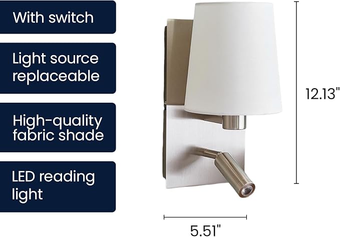 12.1" Wall Sconce with Shade & Reading Light, White Fabric Wall Lamp for Bedroom, Silver Bedside Wall Light with LED Reading Light 3000K 205 lm, Dual Switch, E12 Max 10W Bulb Not Included
