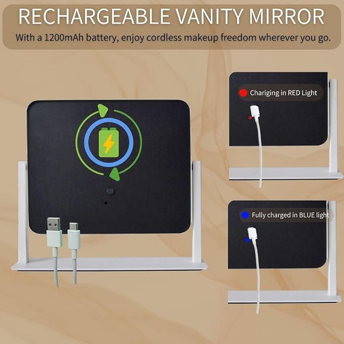 12"x14" LED Vanity Mirror with Lights, 3-Color Dimmable Touch Control, Large Lighted Makeup Mirror, USB-Rechargeable Cordless Design, Sturdy Metal Frame, Oversized Tabletop Mirror, Gift-Ready