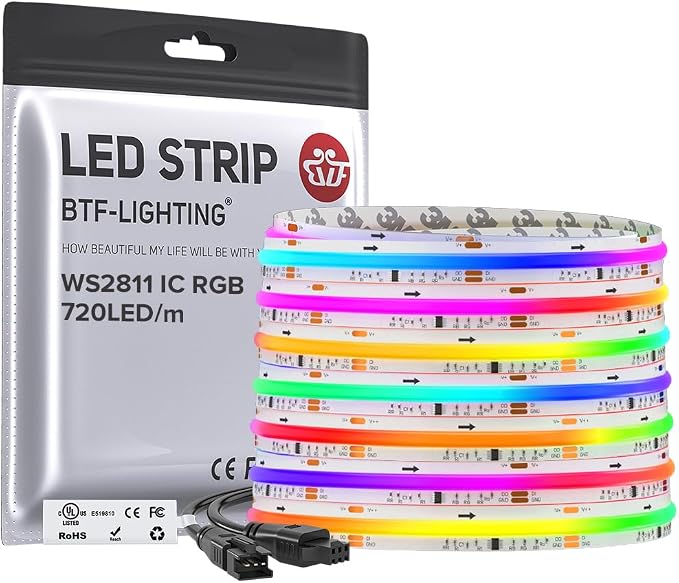 BTF-LIGHTING WS2811 Smart IC RGB FCOB COB LED Strip, UL Listed 720LEDs/m High Density Color Chasing Uniform Light, DC24V 24FT 12mm Width Tape Light for Home Party DIY Decor(No Adapter or Controller)
