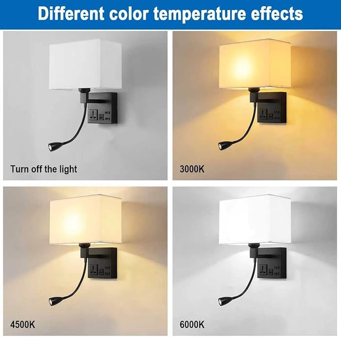 Plug in Wall Sconce, Bedside Wall Lamp for Bedroom with AC Outlet & USBA+C Charging Port, Wall Mounted Reading Light with 360°Adjustable, Black Headboard Lamps with 3 Color Temperature