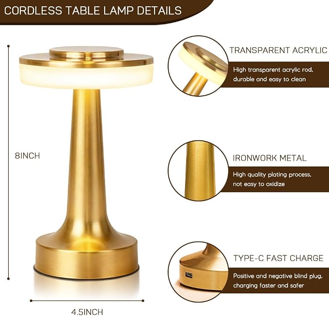 JHPGEOE Cordless Metal Desk Lamp, Touch Sensor Control LED Table Lamp,3 Color Stepless Dimmable Battery Powered Lamp for Living Room, Dorm, Home Office (Gold)