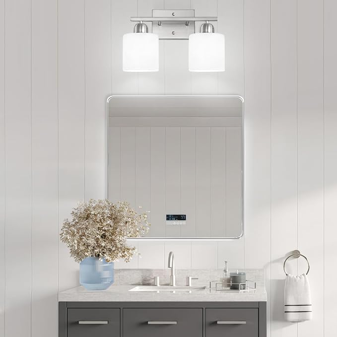 Brushed Nickel Bathroom Light, Anti-Rust Finish 2 Light Bathroom Vanity Light Brushed Nickel, Milky White Frosted Glass Shades, E26 Socket