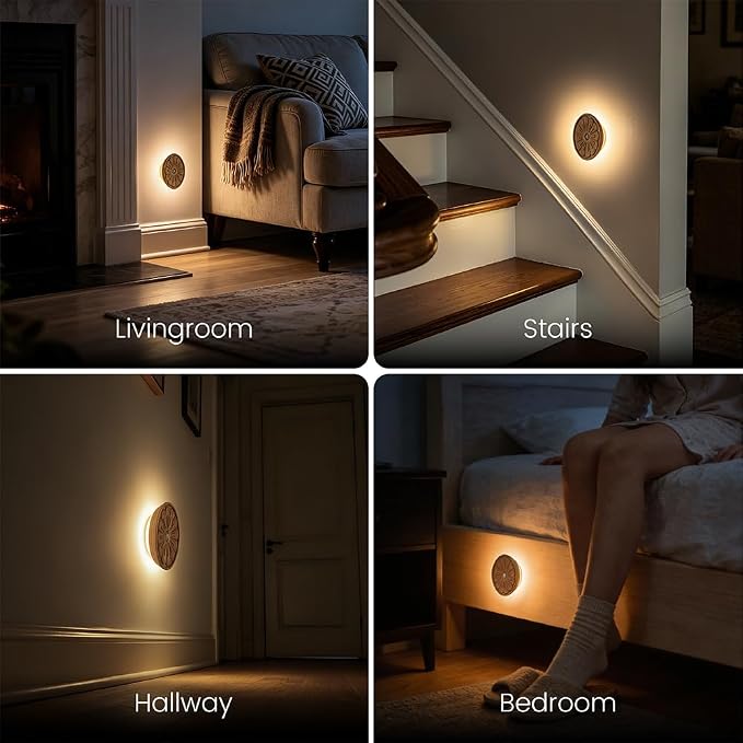 Flower Motion Sensor Night Light, Rechargeable Wooden Lamp | Ash Wood, 3000K Warm White, Backlight Glow, Rechargeable Battery, Magnetic Mount, Sensor Flower Light for Hallway, Bedroom