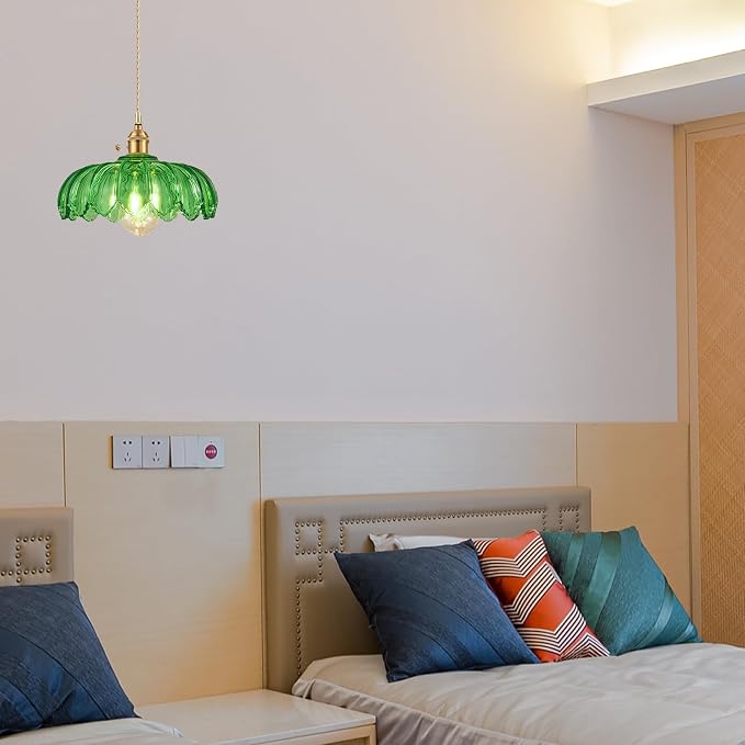 Grass Green Glass Pendant Light Fixtures Medium 9.8 Inches Lampshade Gold Brass Finish and Switch Vintage Pendant Ceiling Lamp Copper Pendant Lighting (Grass Green)