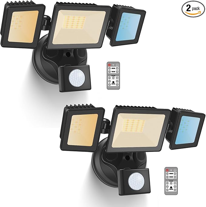 ALUSSO LED Security Lights Motion Sensor, 36W 3000LM Flood Lights Outdoor Motion Sensor with Remote, Dimmable Brightness 3000K-6000K CCT IP65 3 Heads Outdoor Security Light for House Garage Yard 2Pack