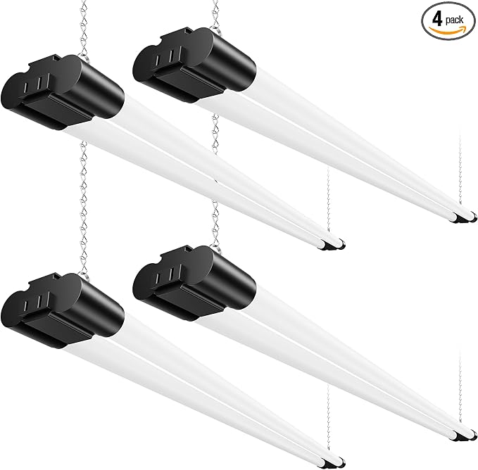 (4 Pack) LED Shop Light 4FT, 4500LM, 45W (150W Equivalent), 6500K Bright White Linkable Integrated Ceiling Light Fixture, Hanging or Flush Mount Garage Lighting, Corded Electric with ON/OFF Switch