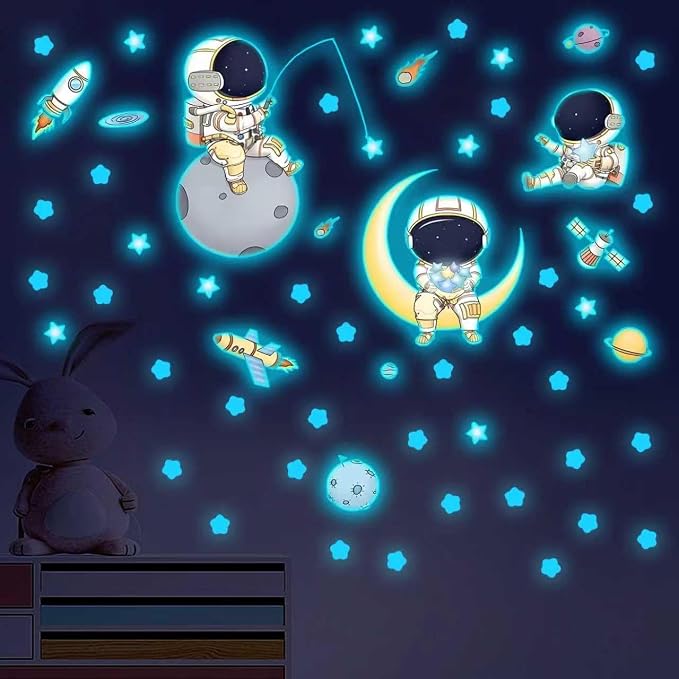 DIY Creativity Starry Sky Astronaut Night Light Stickers Cartoon Rabbit Wall Stickers Star Spaceship Night Light Stickers Room Decoration Wall Stickers (Astronaut Blue Light)
