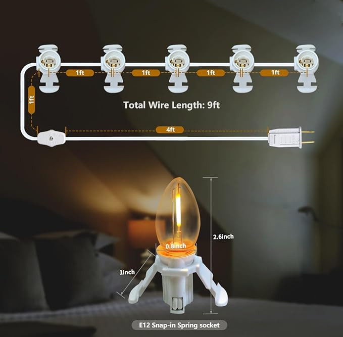 Accessory Cord with 5 LED Night Light Bulbs - C7 Christmas Village Light Accessory Cord - C7 Bulb 2700K Warm White with Spare Fuse for Holiday Decoration Craft Village House Decoration
