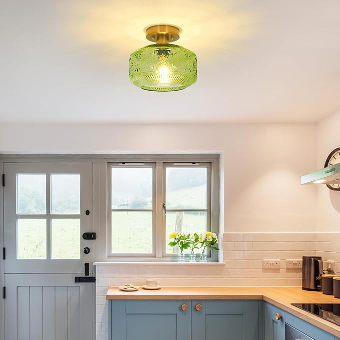 Semi Flush Mount Ceiling Light, Vintage Small Ceiling Light Fixture, Thickened Glass Hallway Light Fixture, Brass Kitchen Ceiling Mount Lamp with Green Glass for Entry Way, Bedroom, Bathroom, Porch