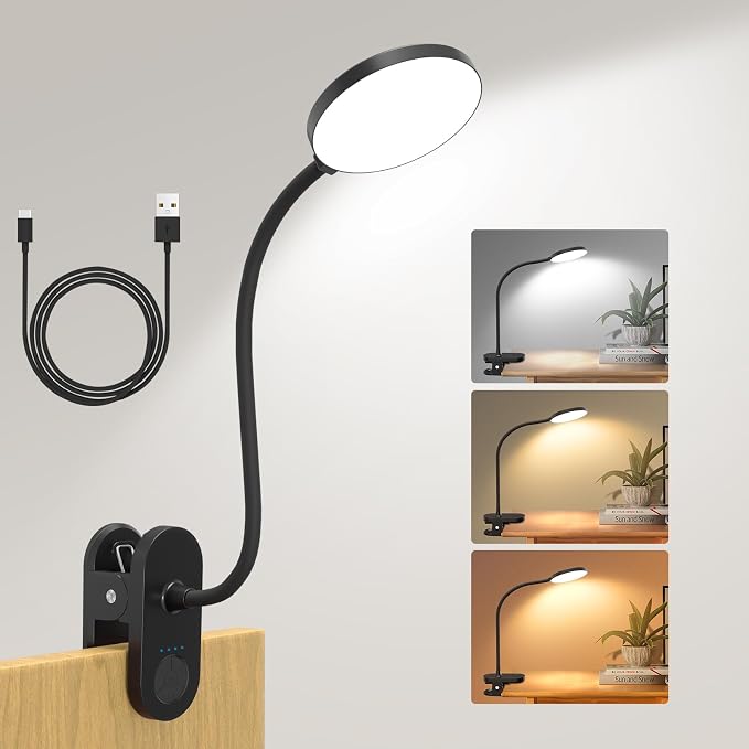 Rechargeable Clip on Light for Bed, 97 LED Cordless Reading Lamp with 3 Color Modes & 10 Brightness Levels, Portable and Flexible Book Light Clamp on Office Desk Bunk Bed Dorm Headboard (Black/4.7'')