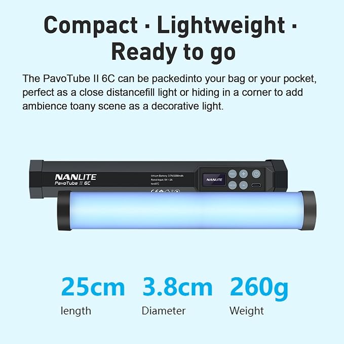 NANLITE PavoTube II 6C LED RGB Tube, 2700K-7500K Ultra-Wide Color Temperature, 2.4GHz Wireless Control Portable Handheld Photography Lighting Stick 2pcs, Dual-lamp Connector Included