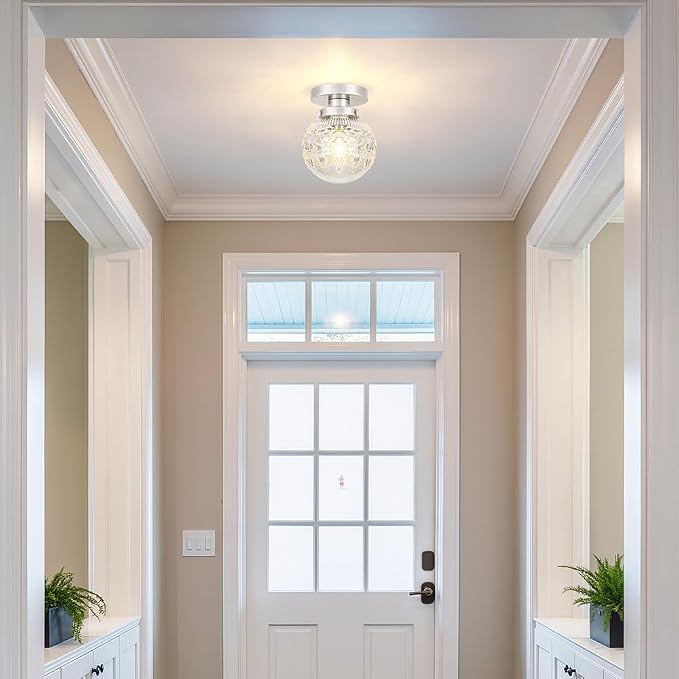 Daunton Semi Flush Mount Ceiling Light Fixtures, Vintage Globe Glass Ceiling Light Fixture, Antique Small Brushed Nickel Hallway Light Fixtures for Bedroom, Closet, Entryway, Bathroom, Kitchen