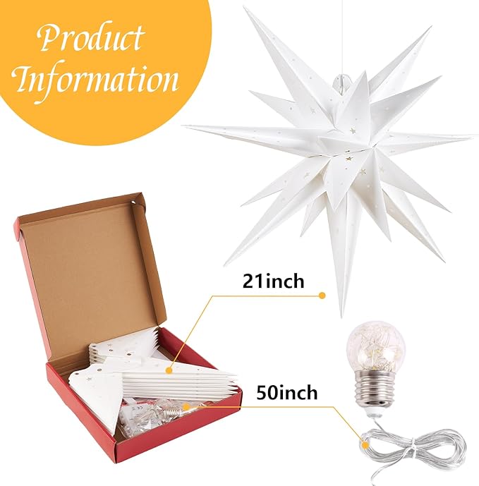 SUNBEAUTY 21 Inches White Large Moravian Stars Outdoor Light Warm White LED Hanging Star Lights 3D Christmas Tree Topper Star for Holiday Wedding Birthday Porch Party Decor