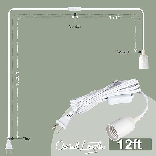 JACKYLED Extension Hanging Lantern Cord Cable UL 12Ft E26 E27 Socket On/Off Switch Plug in Pendant Lighting for Kitchen Bedroom Plant Growth Light | Switch Near the Bulb, E26 E27 Socket On/Off Switch Plug in Pendant Lighting for Kitchen Bedroom Plant G...