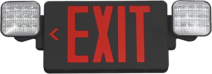 Black Red LED Exit Sign Emergency Light Combo, UL Listed Battery Backup | UL-listed commercial fire exit sign features 90-min battery backup, 360° rotating dual heads, and easy dual-mount setup.