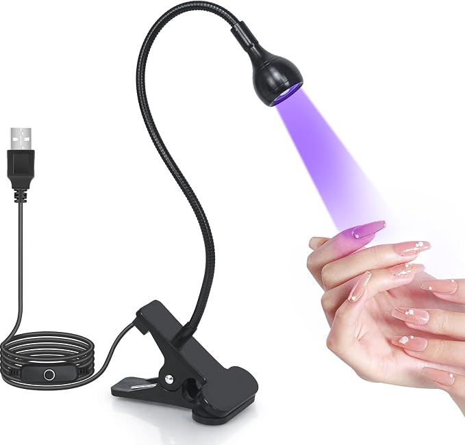 UV Nail Lamp - UV Light for Gel Nails, Flash Cure Lamp | LED Gooseneck Flash Cure Lamp for Nails, Manicure Dryer Black Light with Clamp, 365+395nm 5V 3W 4 Levels Dimming Black