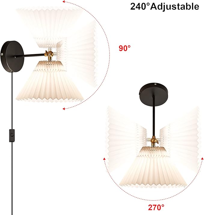 Wall Sconce Plug in, white Plug in Wall Light Set of 2 Fixtures,Wall Lamp with Plug in Cord and On/Off Switch,, Adjustable Industrial Vintage E26 Wall Sconce， for Reading Bedroom Hallway Living Room