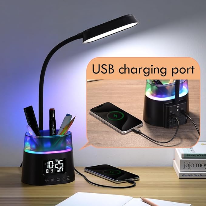WILIT LED Kids Desk Lamp, Dimmable Study Lamp for Home Office Desk Accessories, with Pen Holder & Clock, USB Charging Port, RGB Night Light, Bedroom & College Dorm Room Essentials for Girls - Black