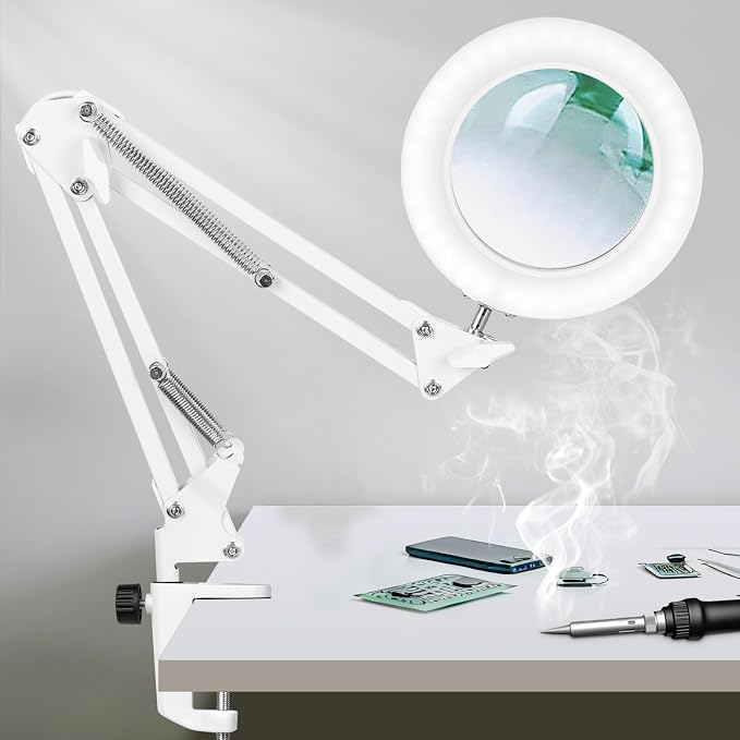 KIRKAS 10X Magnifying Glass with Light and Clamp, Swivel Arm LED Desk Lamp | 10 Level Dimmable 3 Color Modes, Lighted Magnifier with Light for Repair, Craft, Sewing, Reading, Close Work - White