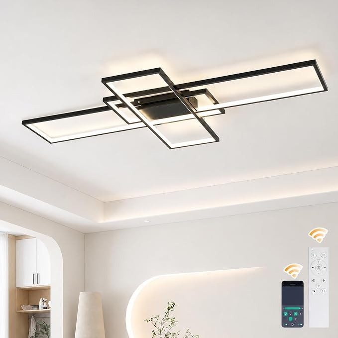 GEADI 60.2" Extra Large Modern LED Ceiling Light, Dimmable Chandelier | 112W Black Geometric Flush Mount Ceiling Lamp with Remote, 3000K-6500K Dimming, Memory, Chandelier for Living Room