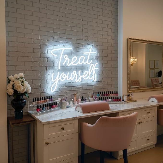 Treat Yourself Neon Sign LED Neon Sign for Wall Decor Bedroom Office Vanity | Dimmable LED Treat Yourself Sign for Beauty Salon, Boutique, Makeup Room, Dorm, Bedroom, Party, Vanity & Teen Girls Room