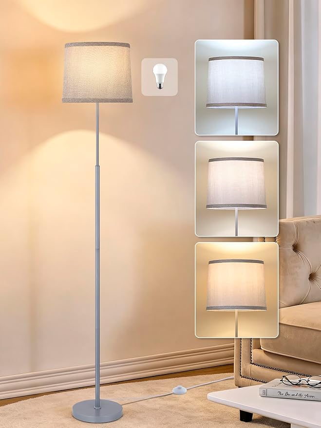 60" Modern Floor Lamp for Living Room Bedroom, Standing Lamp with Oatmeal Linen Lampshade, Tall Lamp with A19 9W 3 Color Temperature Bulb, Foot Switch Control, Silver