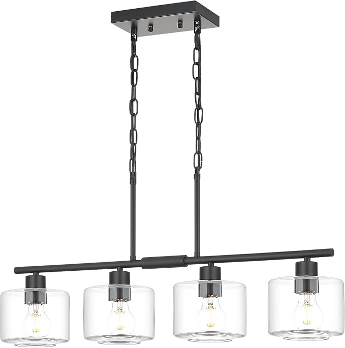4-Light Kitchen Island Lighting, Modern Black Linear Dining Room Chandelier Light Fixtures with Clear Glass and Chain, Farmhouse Hanging Lights for Kitchen Island Dining Room, OS-YQ8153-4ISBKC