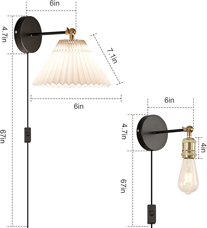 Wall Sconce Plug in, white Plug in Wall Light Set of 2 Fixtures,Wall Lamp with Plug in Cord and On/Off Switch,, Adjustable Industrial Vintage E26 Wall Sconce， for Reading Bedroom Hallway Living Room