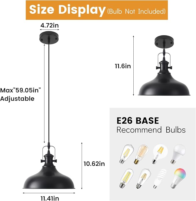 Black Farmhouse Pendant Lights Kitchen Island, 11.41" Kitchen Pendant Lighting, Vintage Industrial Pendant Light,Island Lights for Kitchen Dining Room Bedroom, 1 Pack