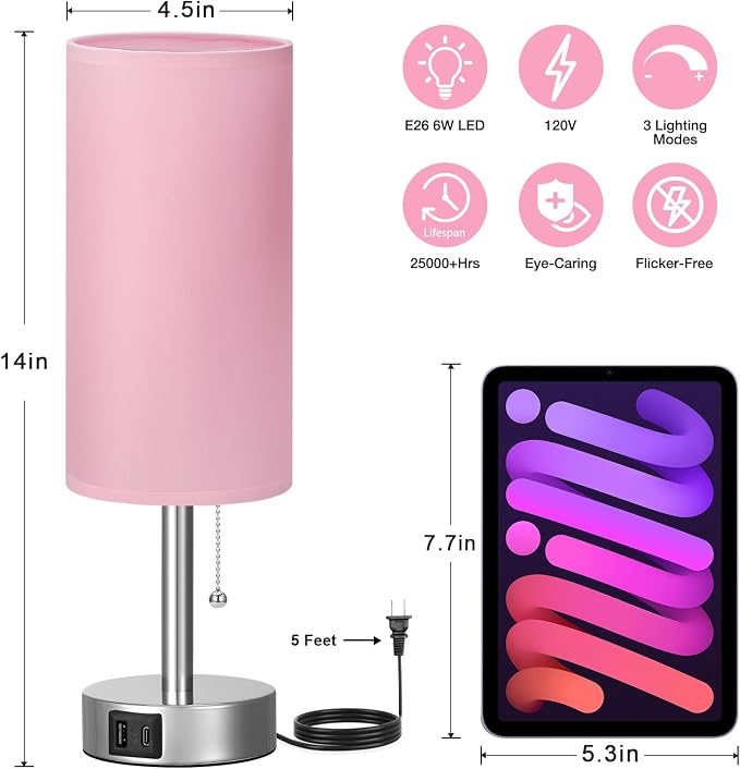 Pink Bedside Table Lamp for Bedroom - Small Nightstand Lamp for Girls | 3 Color Temp, USB A+C Ports, LED Bulb Included, Soft Pink Fabric Shade, Sleek Silver Metal Base, 14" Desk Lamp for Kids Dorm